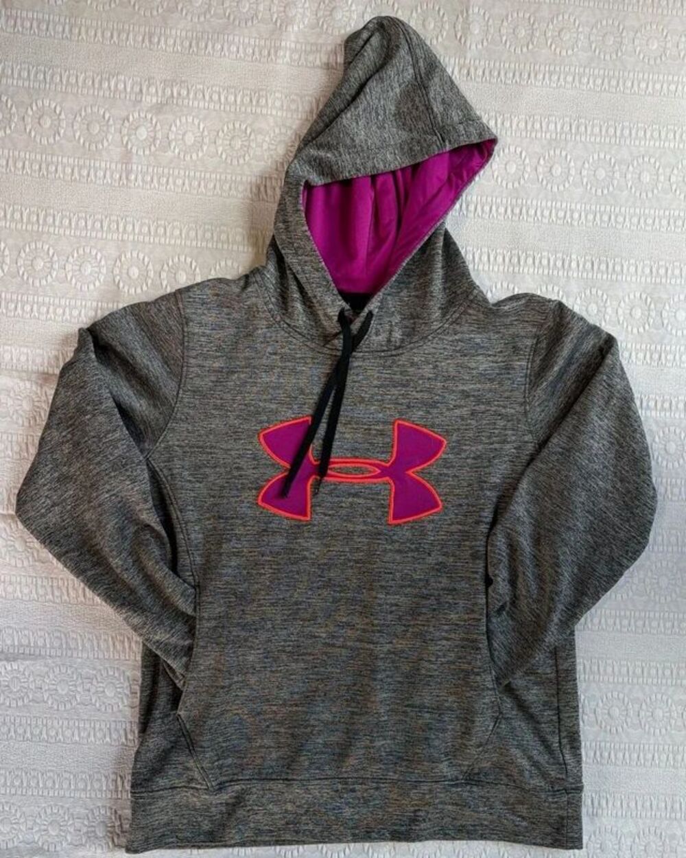 Under Armour Hoodie Womens M Fleece Big Logo Gray Pink Pullover Loose Fit